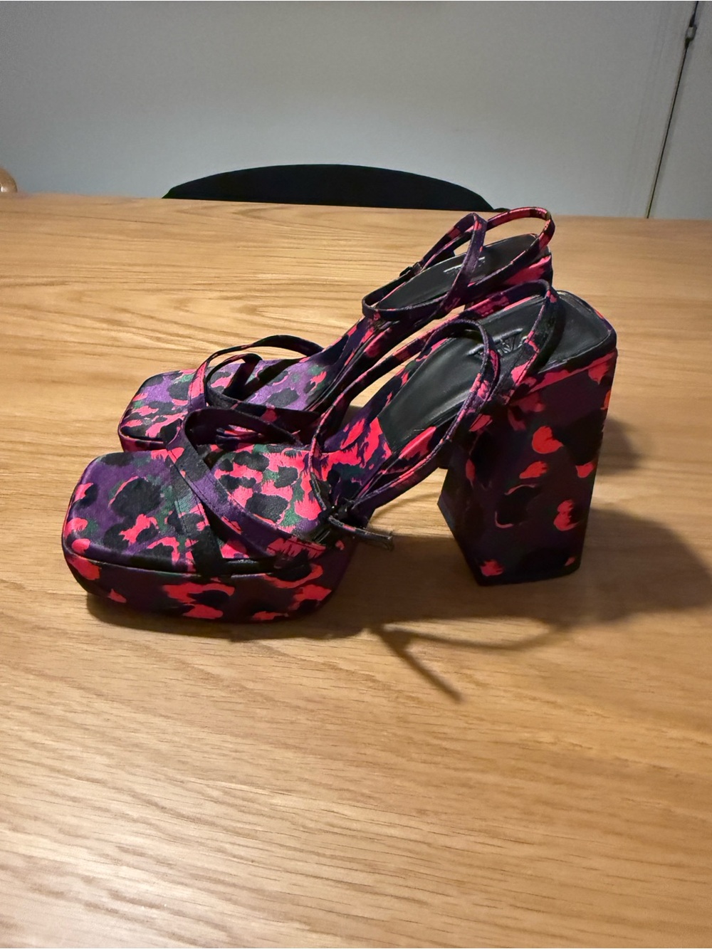 Zara Pink and Black Patterned Platform Block Heels